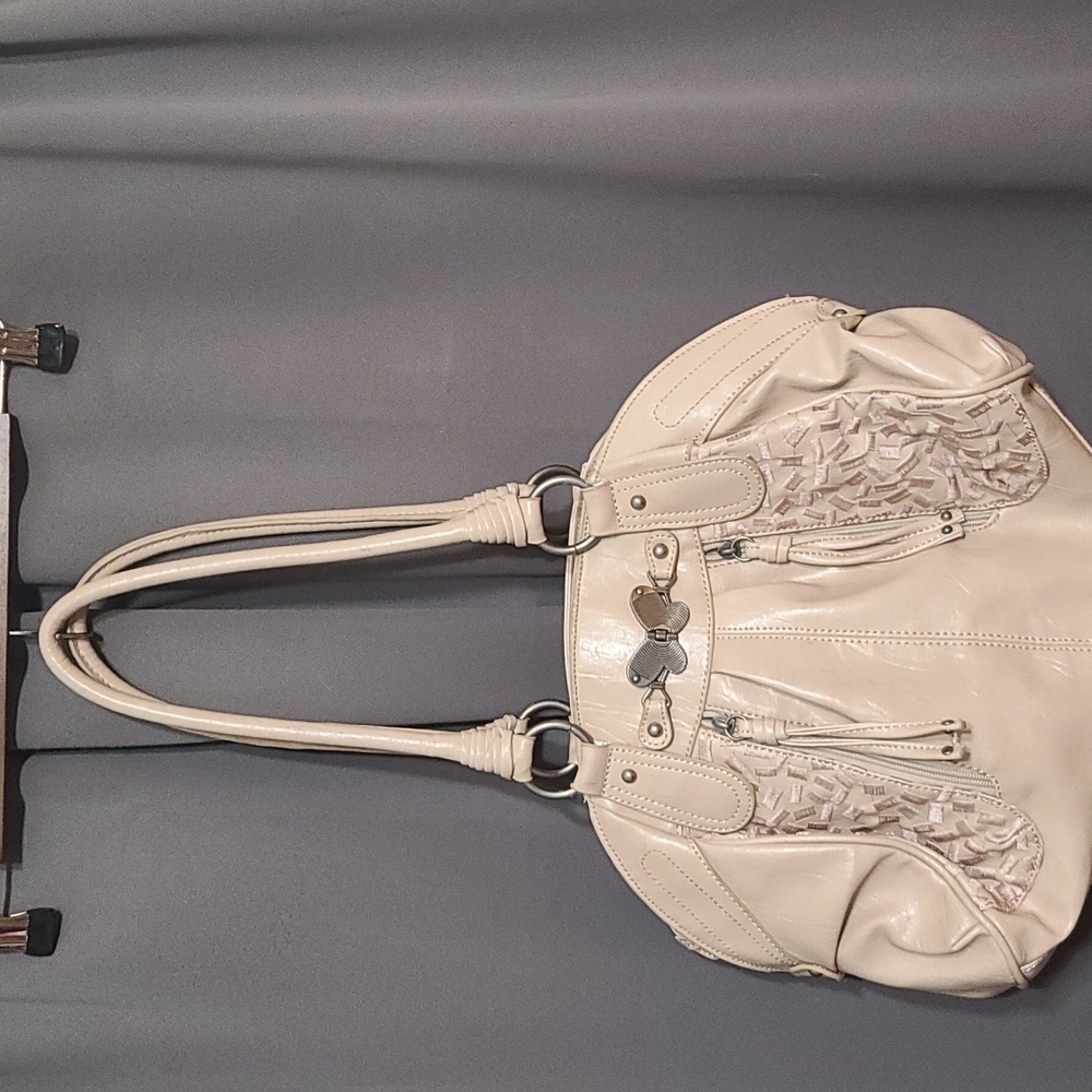 Mariposa Womens Purse Shoulder Bag Tan Embroidered Zips Lined 10x16" EUC